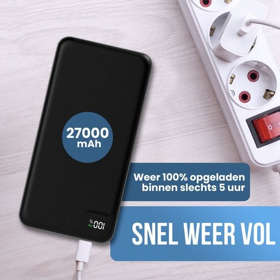Strex Powerbank – 4 Poorten, 27.000 mAh, 22.5W Snelladen – 16 x 7.4 x 2.5 cm – Zwart