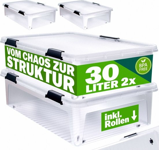 Opbergbox 2x30L – Deksel – Stapelbaar - Wielen