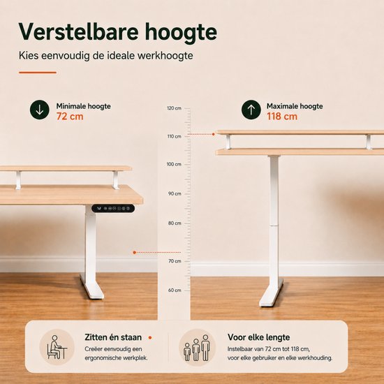Organess Zit-sta Bureau - Elektrisch verstelbaar - 120 x 60 cm met Ophoging - Geheugenfunctie - Anti-botsing - Verstelbare Hoogte