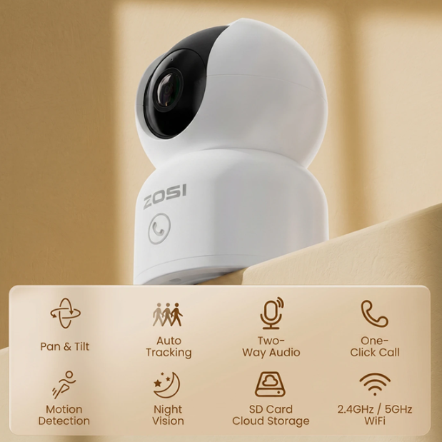 ZOSI Binnencamera - 4 MP 2,5K - Wi-Fi - 360° Draaibaar - Bewegingsdetectie - Nachtzicht - Tweeweg-audio - Appbediening