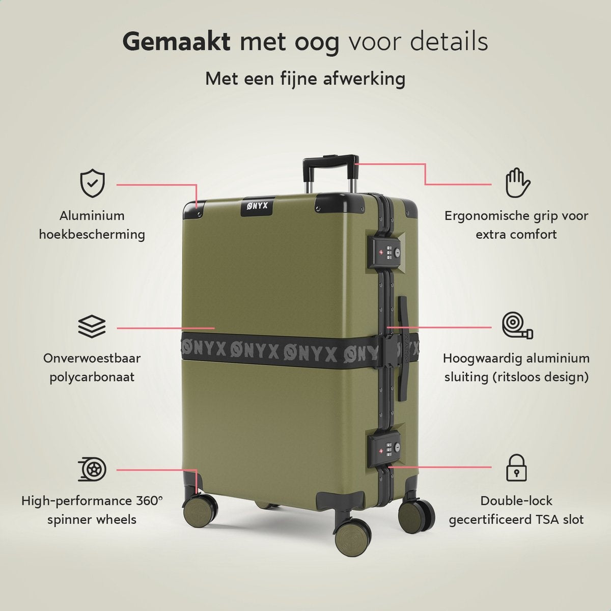 ONYX Check-in Koffer 65L - TSA slot - Olive groen - 58x42x27cm