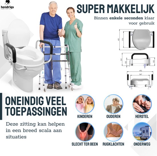 Hendriqs® WC Verhoger 10 cm met Armsteunen & Deksel - Toiletverhoger met Armleuning - Verhoogde WC Bril - Verhoger Volwassenen & Senioren - Toiletstoel in Hoogte Verstelbaar - WC Verhoging - Toiletbril Verhoger