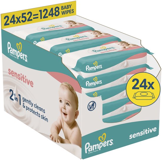 Pampers Sensitive Billendoekjes - 2-in-1: Reinigen Zacht & Beschermen - 0% Plastic In De Doekjes - 24 Verpakkingen van 52 Doekjes = 1248 Babydoekjes