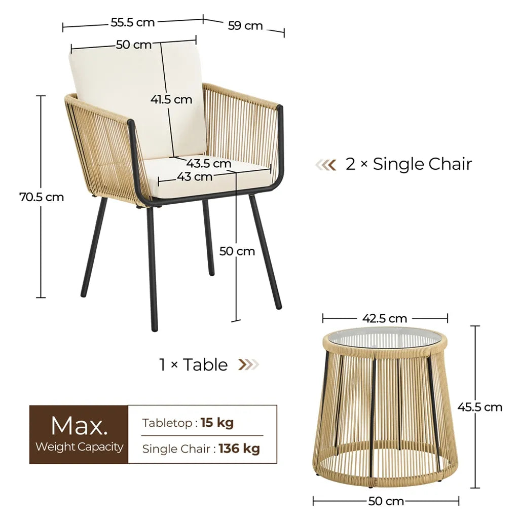 Yaheetech Tuinmeubelset 3-delig - Lichtbruin/Crèmewit - Polyrattan Balkonset met Ronde Bijzettafel en Zit- & Rugkussens