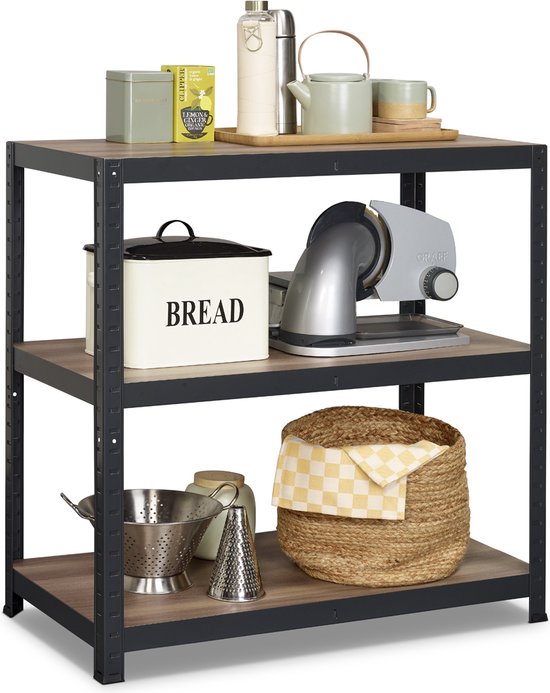 Avasco Stellingkast Table - Laag Stellingrek - Houtlook - Zwart Metalen Frame - 88x90x45 - 3 planken