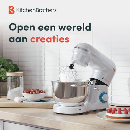 KitchenBrothers Keukenmachine - Keukenrobot - 6,2L - Mixer met Mengkom - Keukenmixer - 2000W - Parelwit