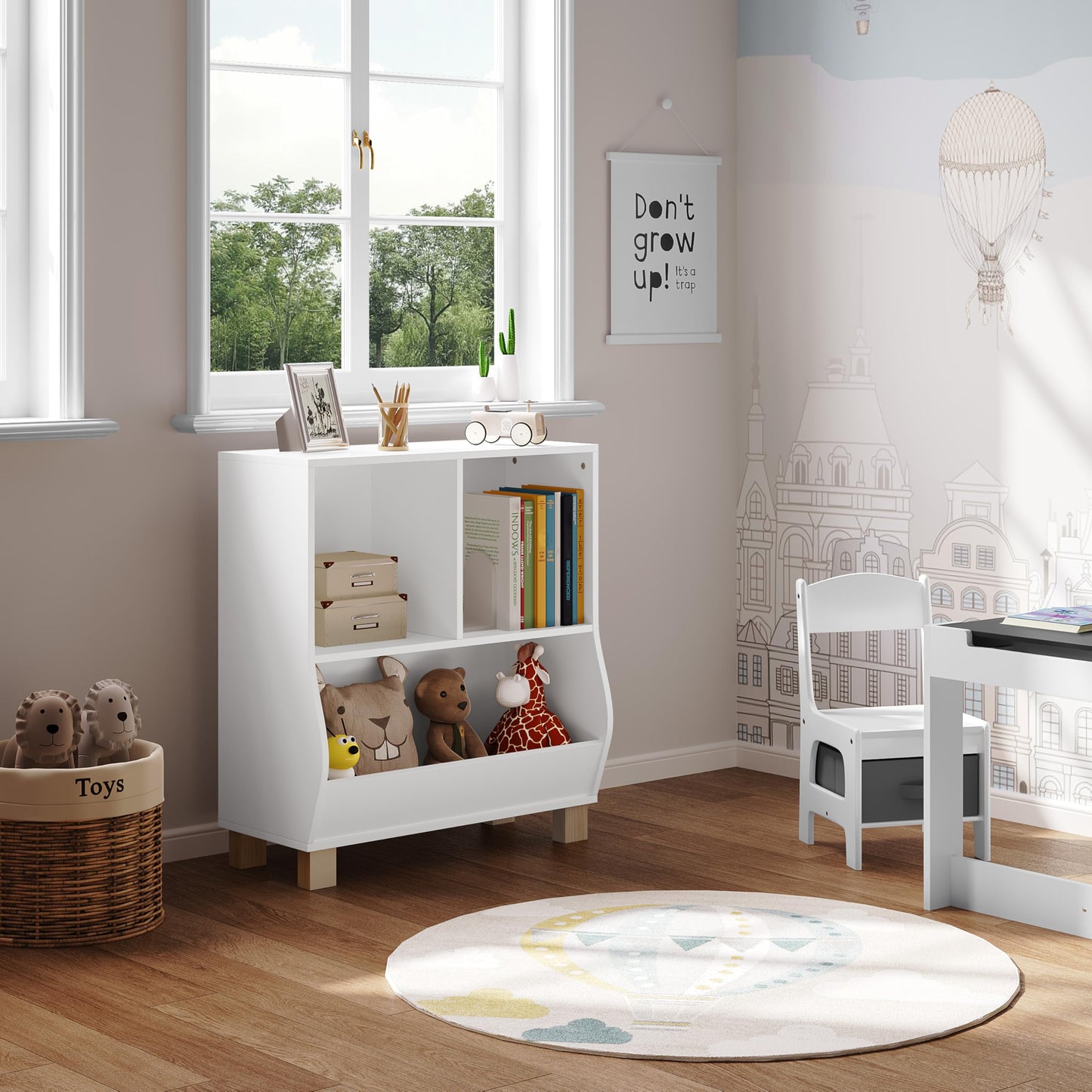 Lestarain Montessori kinder boekenkast - wit - 3 vakken - met massief houten poten - 71,5 x 77 x 34,5 cm