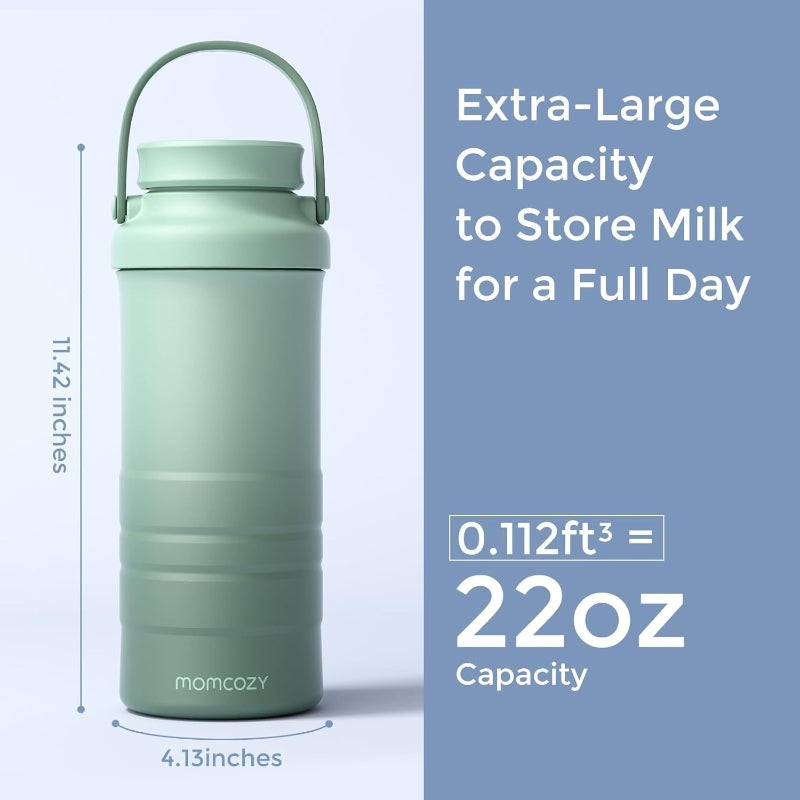 Momcozy 22 oz 650 ml draagbare moedermelkkoeler, onmisbaar voor buiten, 360° koeling rondom, tot 24 uur, reiskoeler met grote capaciteit en 2 babyflessen, groen, cadeau voor mama