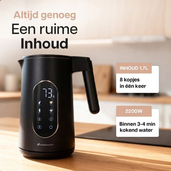 HomeShift® Waterkoker met Temperatuurregeling - Warmhoudfunctie - Dubbelwandig - Elektrisch - 1,7 Liter - 2200W - Zwart