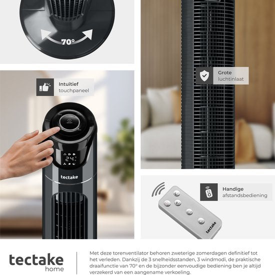tectake® Grote Ventilator met Afstandsbediening - 110 cm - Oscillerende Ventilator met 3 Snelheden - Torenventilator - Stille Staande Ventilator met Verschillende Windmodi + Timer - Luchtkoeler - Zwart