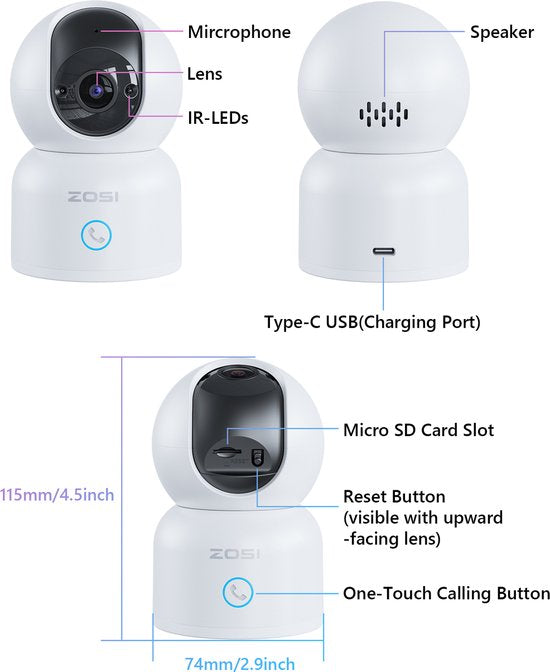Fuegobird ZOSI C518 Indoor IP Camera - 3MP - Intercomfunctie - Beveiligingscamera - Huisdiercamera - Baby camera - Compatibel met 2.4G/5G WIFI - Werkt met app - Wit