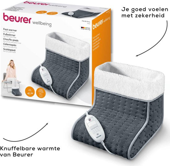 Beurer FW 20 Elektrische Voetenwarmer - 3 Warmtestanden - Tot maat 47 - Snelle opwarming - Automatische uitschakeling - Fleece/Teddy - Voering machinewasbaar - 3 Jaar garantie - Grijs