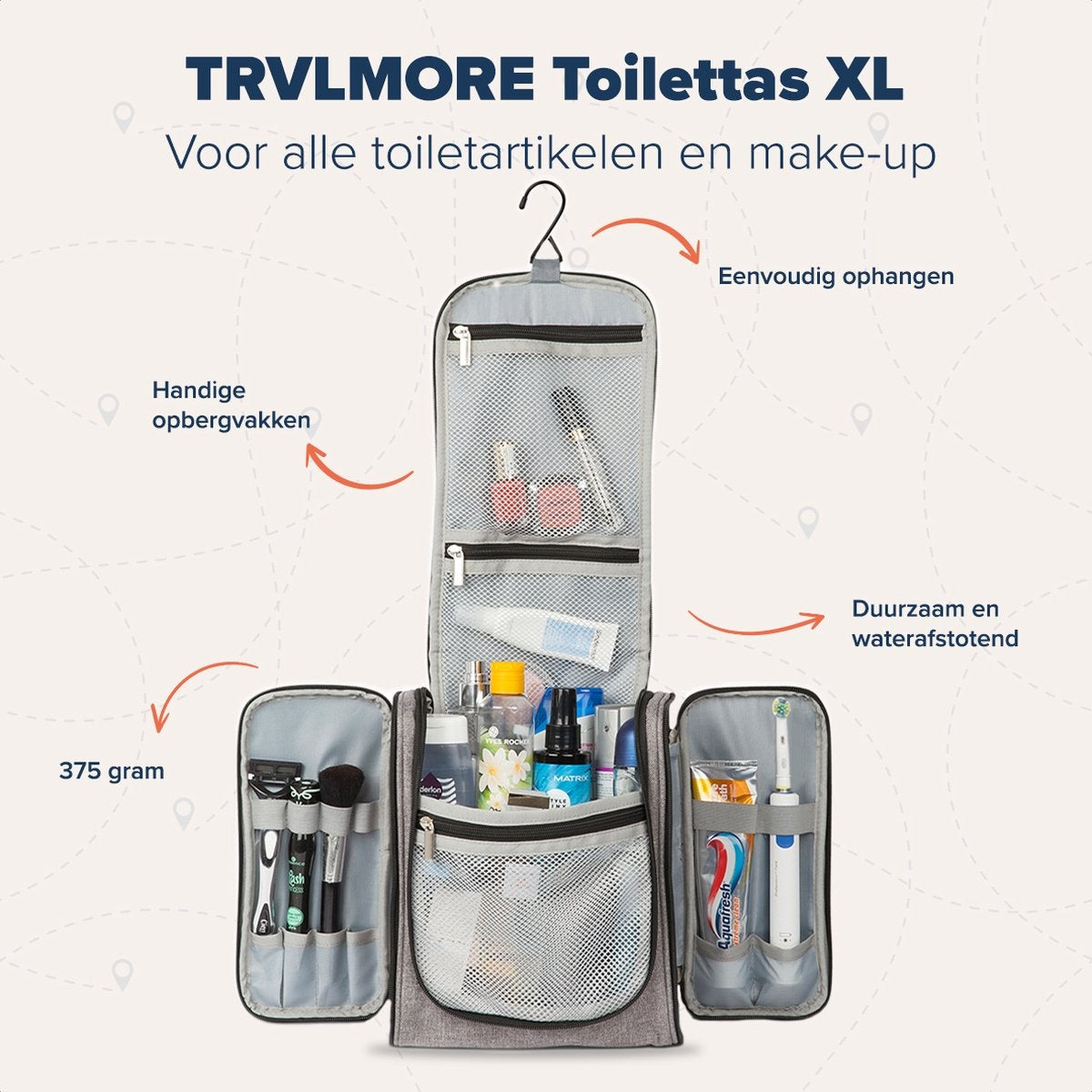 TRVLMORE Toilettas XL - Hangend met Haak - Grijs