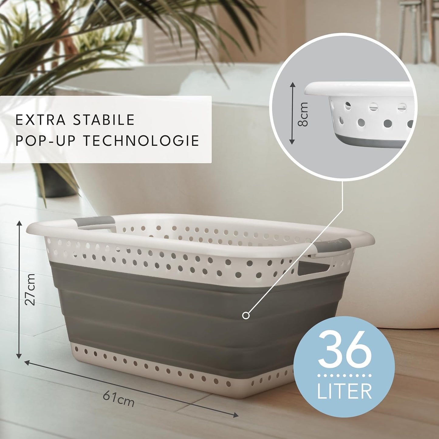 BADIONA Set van 2 Opvouwbare Wasmanden 36L – Grijs/Wit – 61 x 45 x 27 cm – Ruimtebesparend en Multifunctioneel
