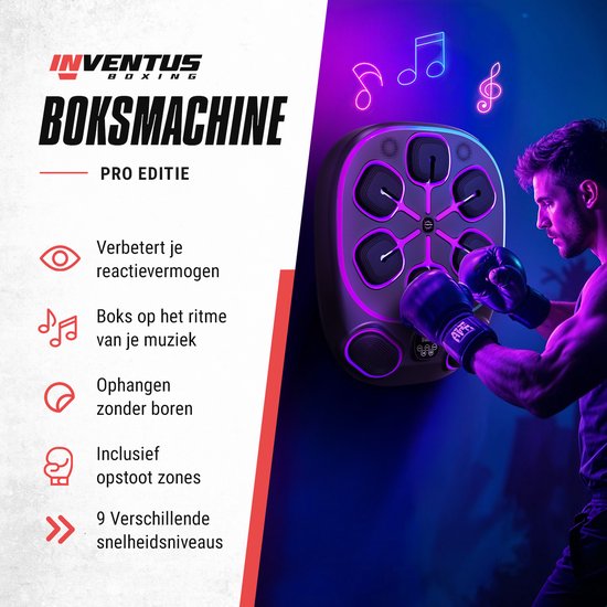 Inventus Boxing Machine PRO - Incl. Bokshandschoenen - Boksmachine Installatie Zonder Boren - Reflex Muziek Boksen - Smart Bluetooth Boxmachine - Sporten Boks Trainen - Bokszak / Boksbal - USB Oplaadbaar - Voor volwassenen