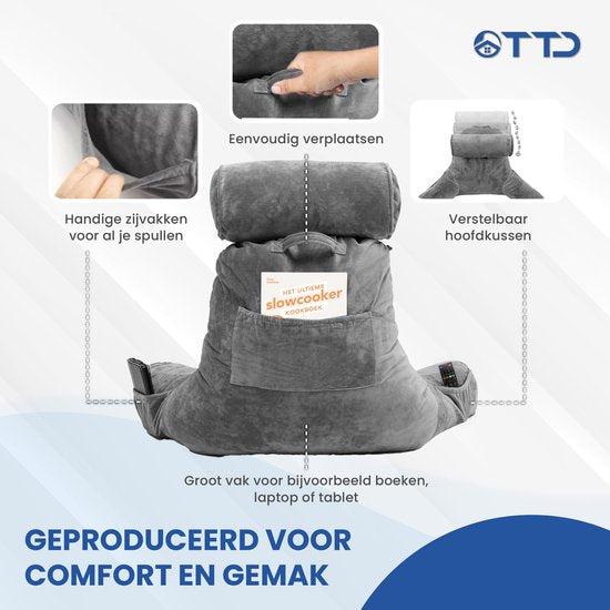 TTD® Premium XXL Leeskussen met Nekrol - Bookseat - Leeskussen voor in Bed - Ergonomisch Zitkussen met Verstelbare Vulling - Boekkussen - Inclusief Extra Minikussen - Fluweelzacht - Wasbare Hoes