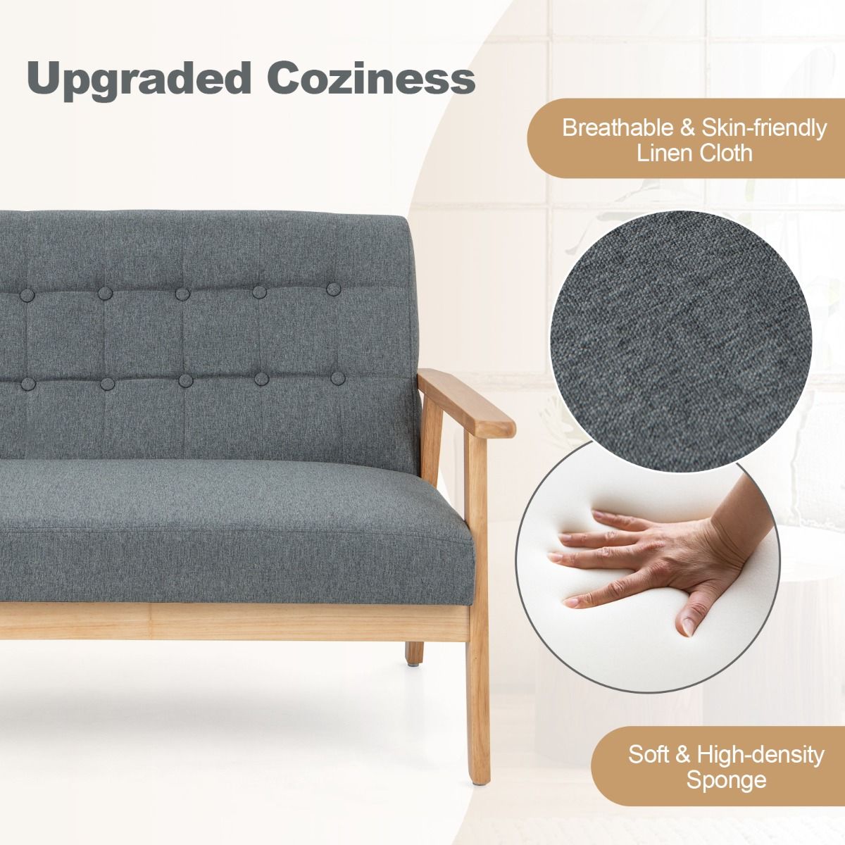 Coast Linnen Loveseat 2-Zits - Grijs - 114x72x77 cm - Rubberhouten Frame - Mid-Eeuws Design