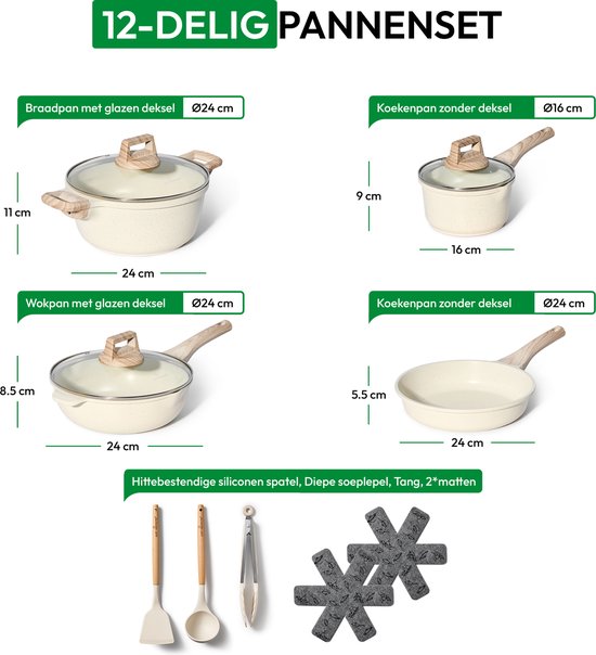 Just Perfecto 12 Delige Pannenset Inductie - Beige Pannenset Met Deksel Voor Gas en Inductie - PFAS vrij - Koudgrepen