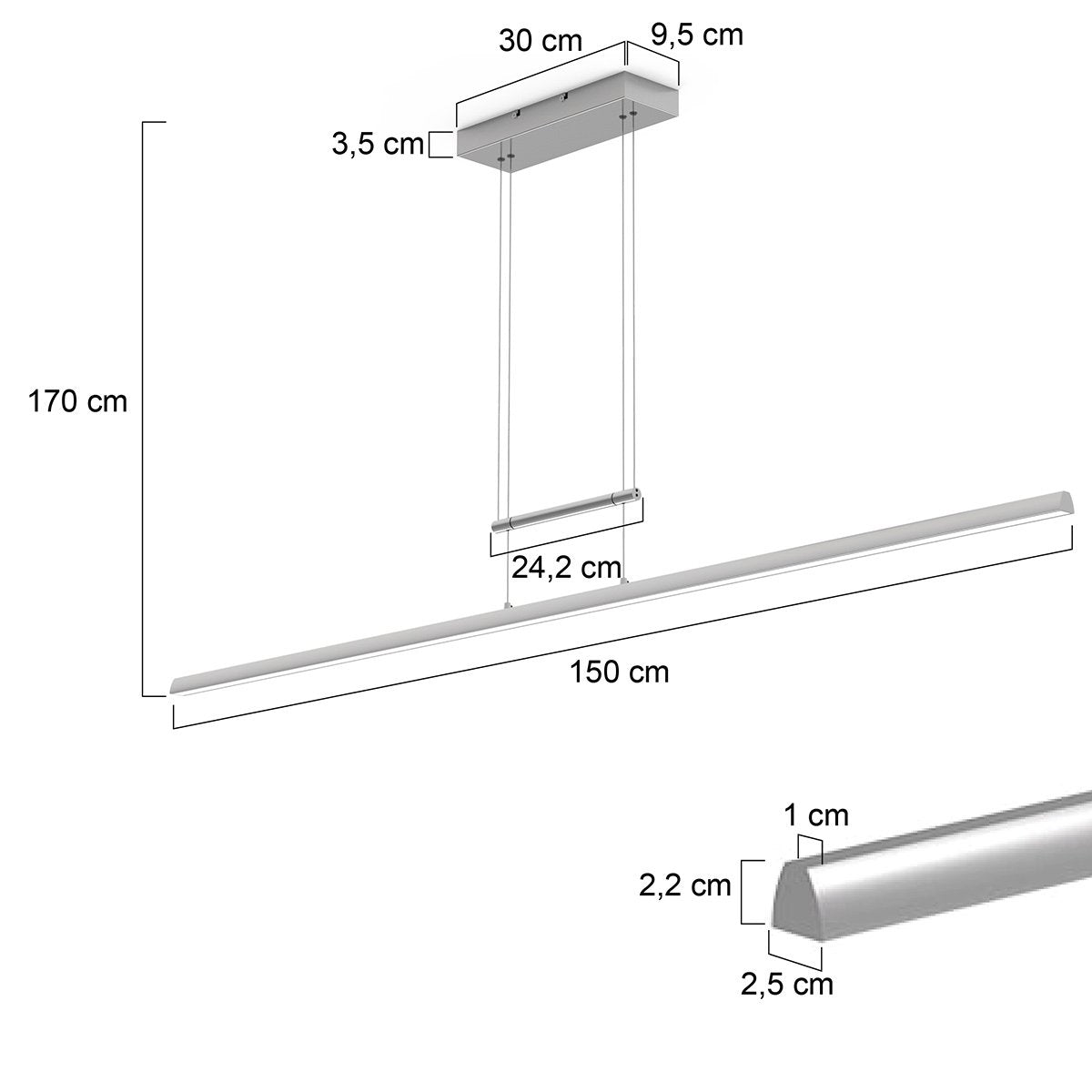 Hanglamp Profilo 3318ST van Steinhauer van staal, 150 cm breed, hoogte instelbaar van 110 tot 170 cm, 2100 lumen, modern design voor binnengebruik