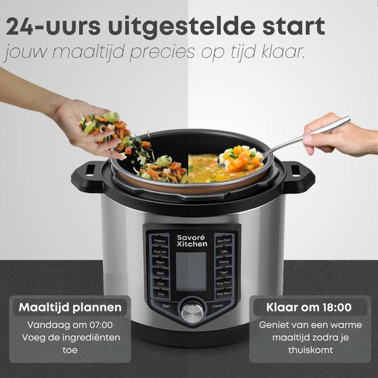 Savoré Kitchen Pressure Cooker – 6L – PFAS Vrij – Snelkookpan, Rijstkoker, Slowcooker, Stomer & Sous-vide in één – Multicooker