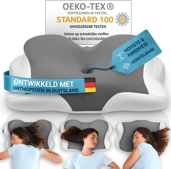 Glckstoff Orthopedisch Kussen - Ergonomisch Nackenschuim Kussen voor Nek- en Rugpijn, Hypoallergeen, Verstelbaar, Ideaal voor Zij- en Rugslapers, Grijs