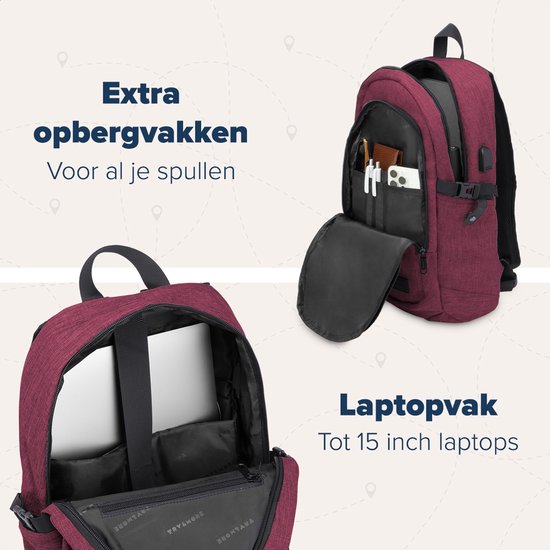 TRVLMORE Rugzak met Levenslange - Rugtas met 15,6 Inch Laptopvak - Schooltas - Spatwaterdicht - Heren en Dames - Jongens en Meisjes - 25L - Burgundy
