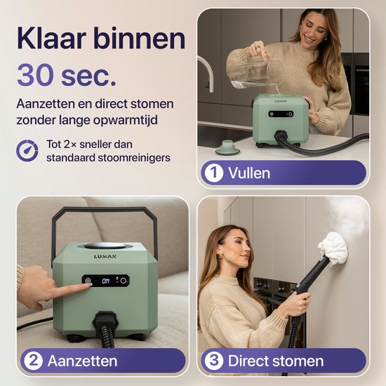 LUMAN Stoomreiniger MAX – 2600W - 60 min Stoomtijd - 2.5L Watertank – Handstoomreiniger & Tapijtreiniger - Groen