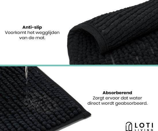 Loti Living Badmat Antislip – Douchemat – Badmat Badkamer – Vloermat - Chenille badmat - Zwart - 50x80 cm