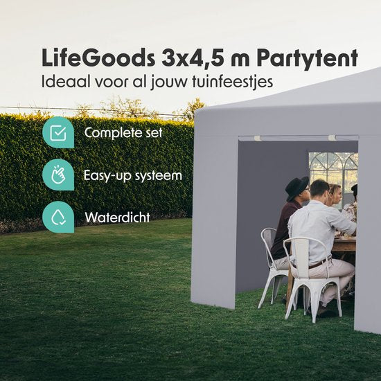 LifeGoods Partytent - Paviljoen - 3x4,5 m - Zijwanden - Easy Up - Opvouwbaar - Waterdicht - Draagtas met Wieltjes - Donkergrijs