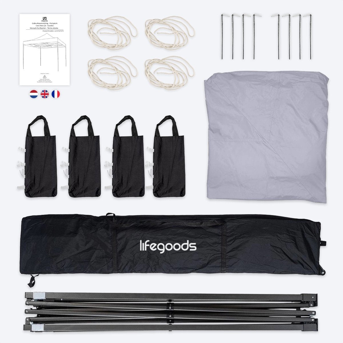 LifeGoods Partytent - Paviljoen - EasyUp - Opvouwbaar - Waterdicht - Met Draagtas met wieltjes - 300 x 300 cm - Donkergrijs