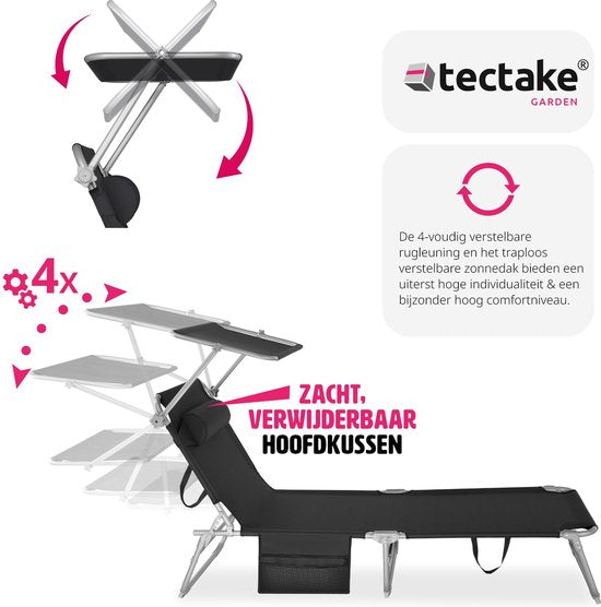 tectake® - ligbed Zonnestoel ligstoel - 4 standen, inklapbaar – zwart - 68 x 190 x 28 cm, met zijvak