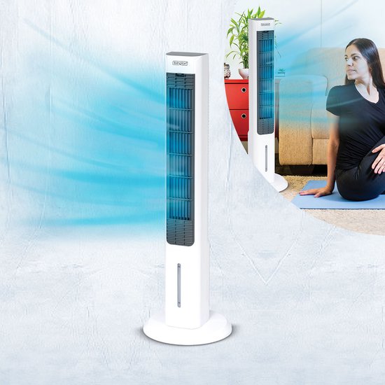 Livington ChillTower - Aircooler met waterkoeling - draagbare airconditioner met 3 niveaus - krachtige maxi-tower-luchtkoeler met tankvolume voor 12 uur koelen