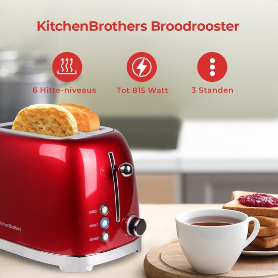KitchenBrothers Retro Broodrooster - Toaster - 6 Warmteniveaus - 2 Extra Brede Sleuven - 815W - Rood