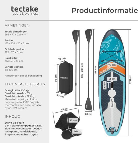 tectake® Stand-Up Paddle Board - SUP Plank - Opblaasbaar - Stabiel - 288 x 77 x 22,5 cm - Max 200kg - Oranje Turqoois