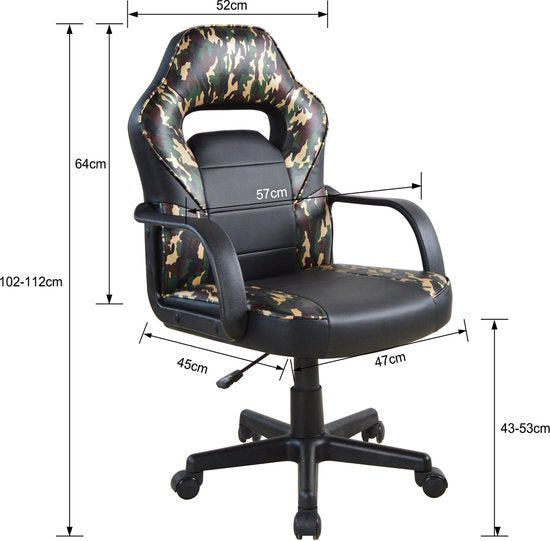 Gamestoel Thomas junior - bureaustoel - hoogte verstelbaar - camouflage