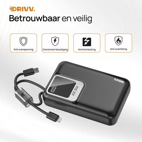 Drivv. Powerbank 20.000 mAh - Met Ingebouwde 8 pin & USB C Kabel - Inclusief 60W Oplaadkabel - 22.5W Snellaadfunctie - USB / USB C - Noodpakket