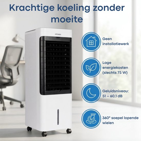 Aironex Aircooler / Luchtkoeler – Met Koelelementen, 5L Watertank, Afstandsbediening, Timer & LED Display – Voor Verfrissende Verkoeling - Geen Mobiele Airco, Maar Effectief Alternatief Zonder Slang