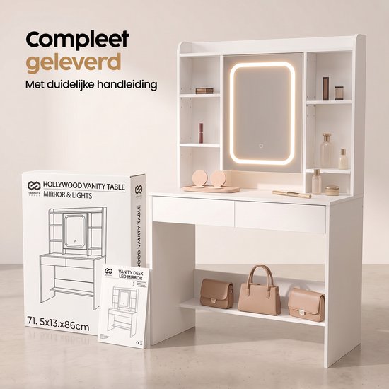 Infinity Goods Kaptafel met LED Spiegel - Make Up Tafel - Extra Veel Opbergruimte - Dimbaar - Wit