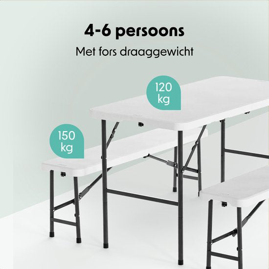 LifeGoods Inklapbare Picknickset - 124cm x 61,5cm - Tuintafel met 2 Banken - Weerbestendig - Campingtafel - Biertafel Opklapbaar - Voor Binnen en Buiten - Voor 4 tot 6 Personen - Wit