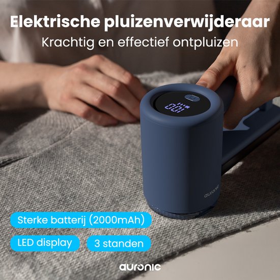 Auronic Elektrische Pluizenverwijderaar Pro - Pluizentondeuse - Accuduur 120 minuten - Oplaadbaar - LED display - Ontpluizer - Blauw