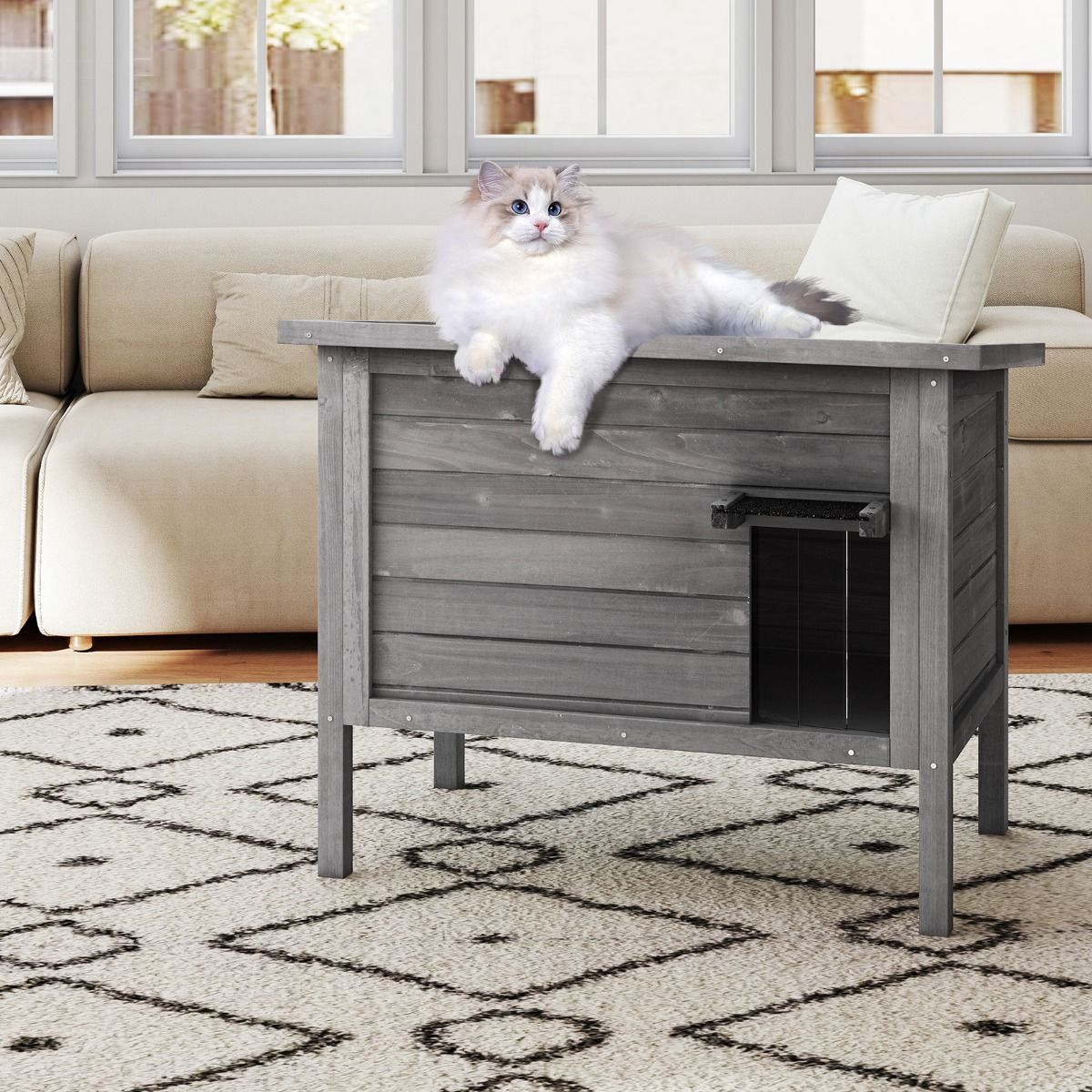 Coast Geïsoleerd kattenhuis voor buiten - houten schuilplaats met openklapbaar dak - donkergrijs 88 x 55 x 71 cm