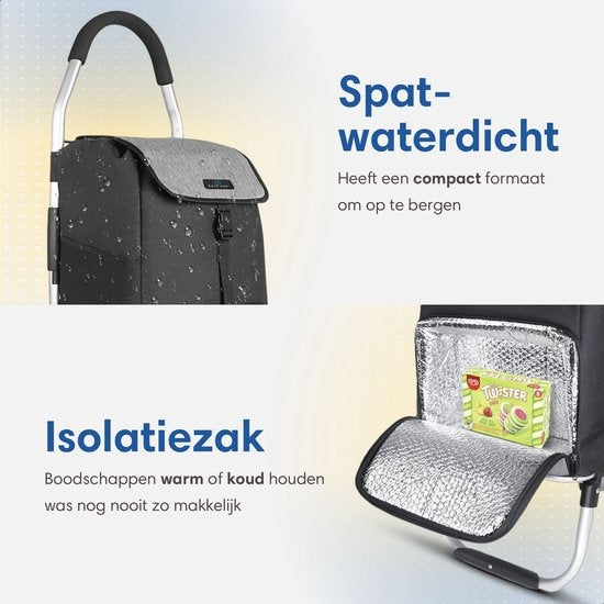 Safe Life Boodschappentrolley met koelvak en haak voor winkelwagen - 45L - grijs - 103x45x38 cm - opvouwbaar