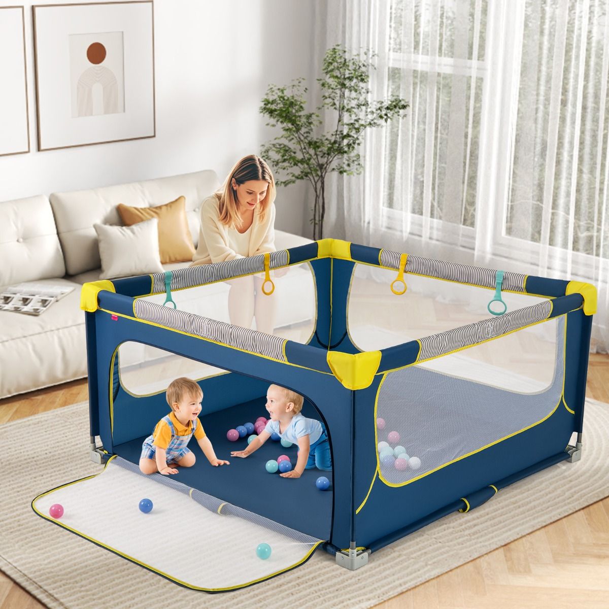 Coast Opvouwbare Babybox - Veiligheidshek met ritssluiting - Inclusief 50 speelballen en 4 hefringen - Grijs 150 x 150 cm