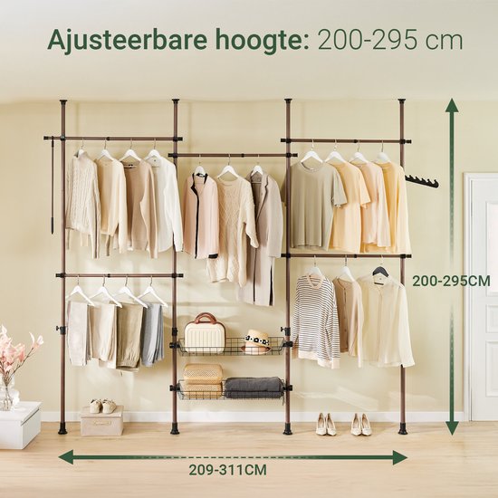 SoBuy Telescopisch Kledingrek - Verstelbare Open Garderobekast met Kledingstangen en Planken - Bruin, B(209–311) x H(200–295) cm, KLS04-II-BR, voor Slaapkamer, Inloopkast