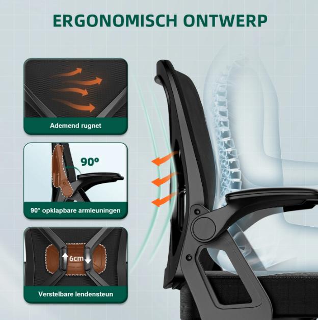 GTIMEX Ergonomische Bureaustoel Zwart - Verstelbare Lendensteun - Kantelfunctie tot 125°