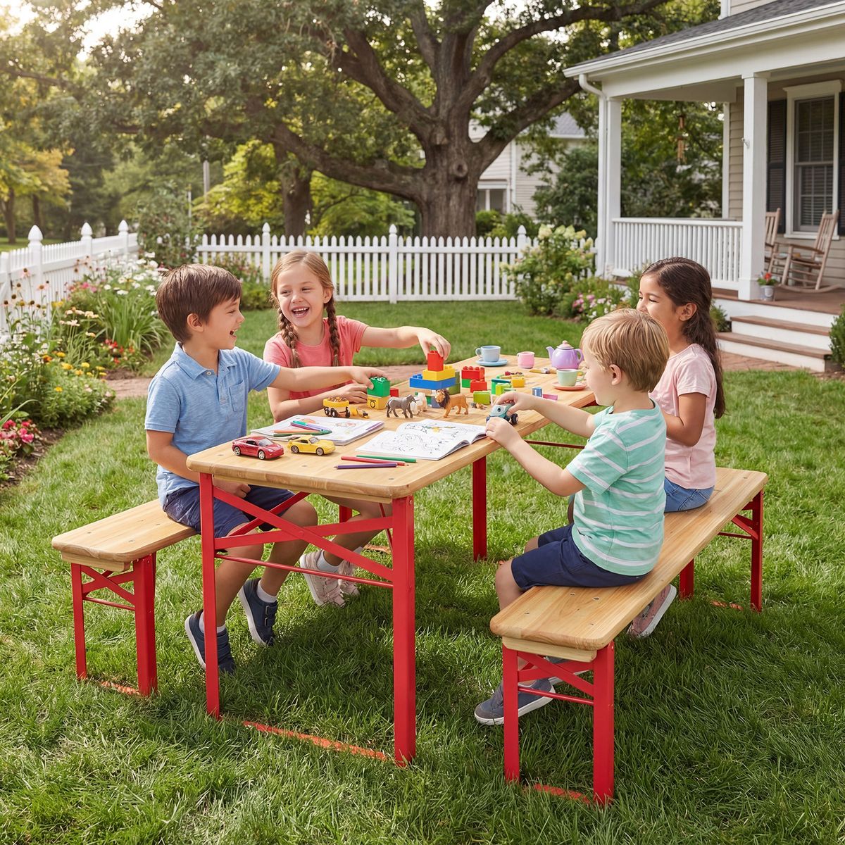 Coast Kinderpicknickset - opvouwbare picknicktafel met 2 banken - vurenhout en metaal - rood