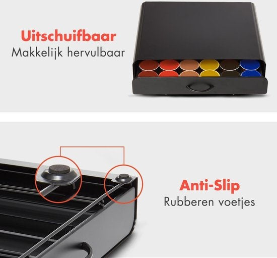 KitchenBrothers Capsulehouder - Koffiecups houder - met Lade - Geschikt voor Dolce Gusto - 36 Capsules - RVS - Zwart
