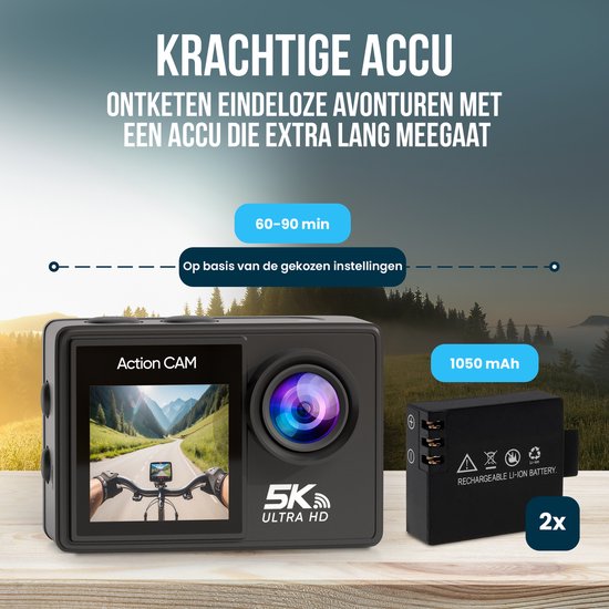 Strex Action Camera 5K 50MP WiFi - Onderwatercamera 30M Waterdicht - Met Touchscreen en Microfoon - Inclusief Accessoires - Actie Camera 60FPS
