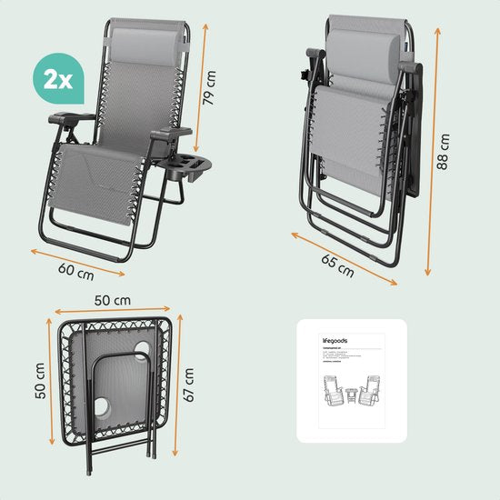 LifeGoods Ligstoelen - Opvouwbaar - Complete set - Met Bijzettafel - 30°-90° Verstelbaar - Tuinstoelen - Metaal - Grijs