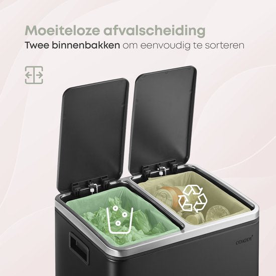 O'DADDY® Prullenbak Afvalscheiding - Softclose 2x 15L Capaciteit - Incl. Afvalzakken - Metaal/Zwart